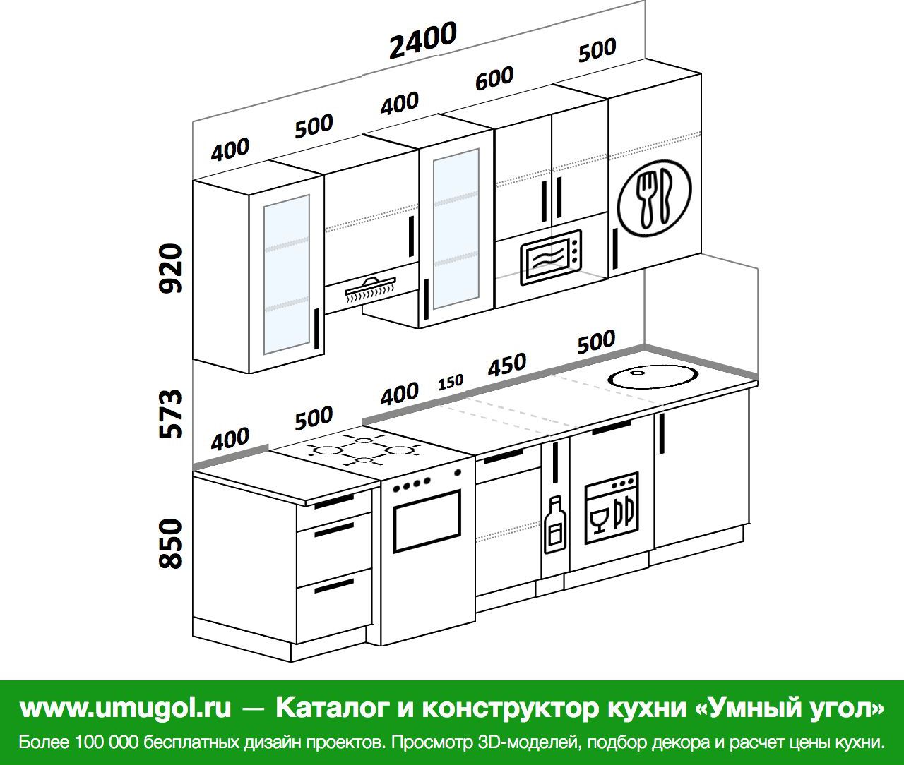 Проекты кухонных гарнитуров с размерами прямые