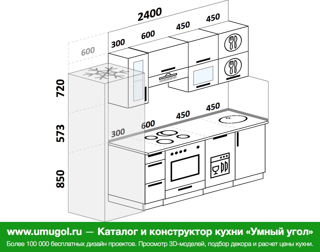 Проект кухни 3 метра прямая с холодильником и посудомоечной машиной