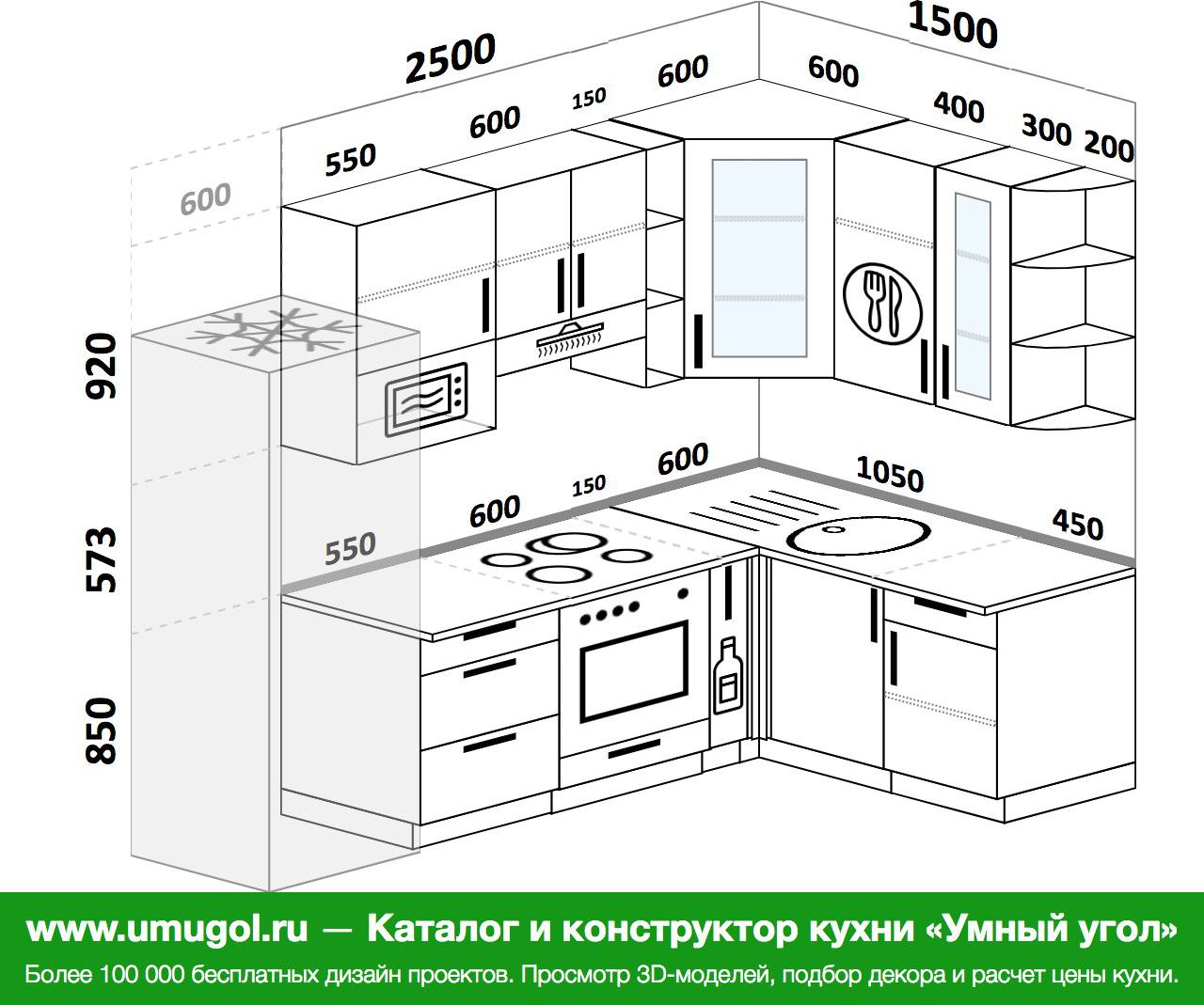 проект угловой кухни с размерами шкафов левый угол