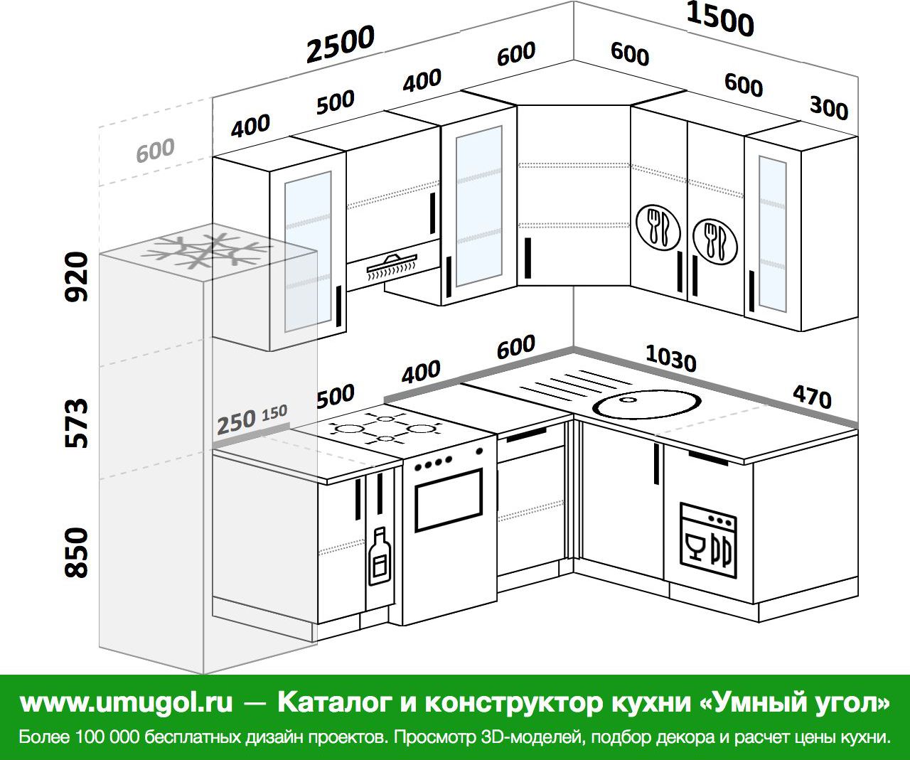 Проекты угловых кухонь с размерами и фото