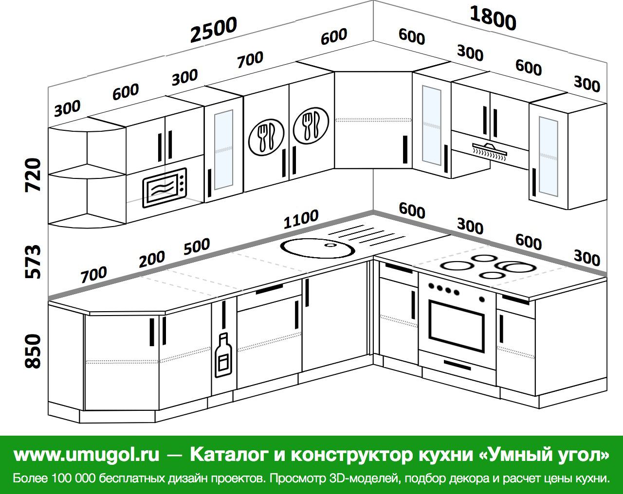 Проекты кухонь угловых с размерами фото готовые