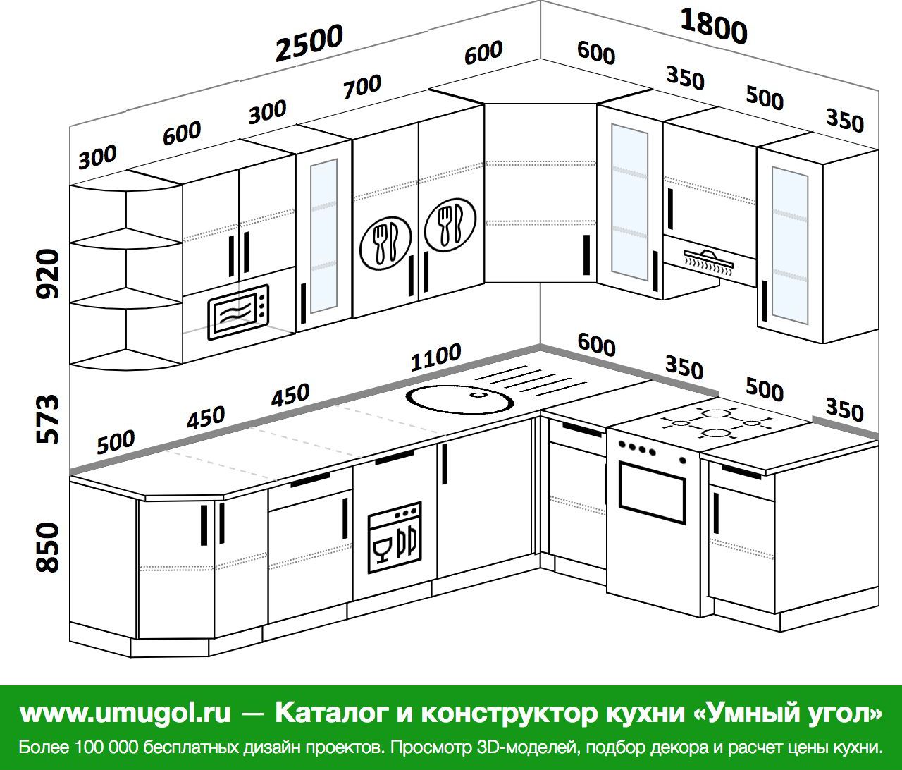 Проекты угловых кухонь с размерами и фото