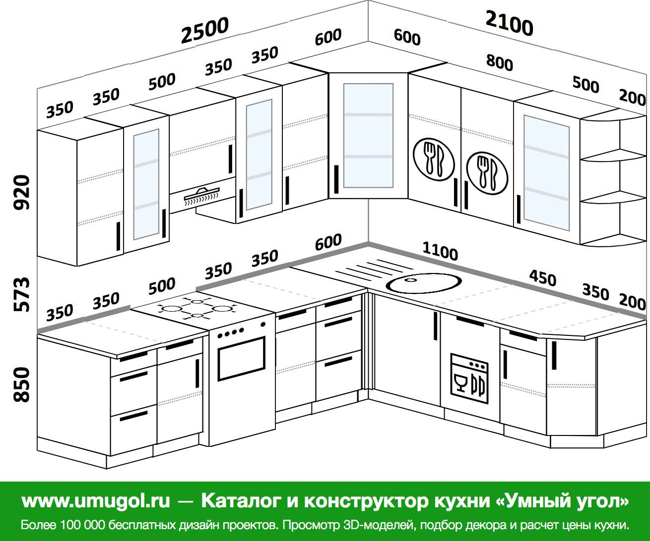 проект угловой кухни с размерами шкафов левый угол