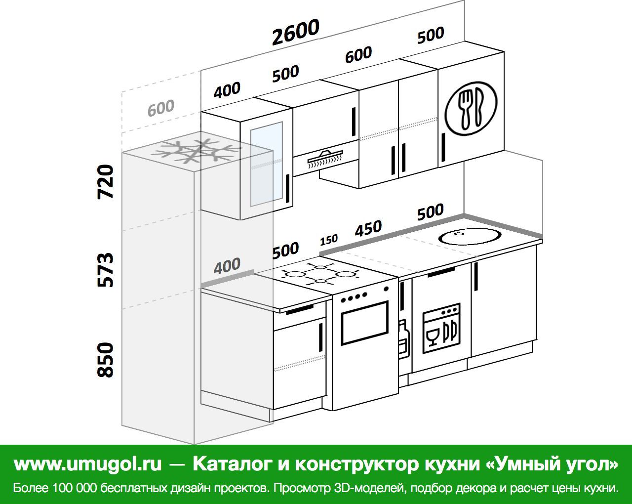 Планировка прямой кухни с холодильником