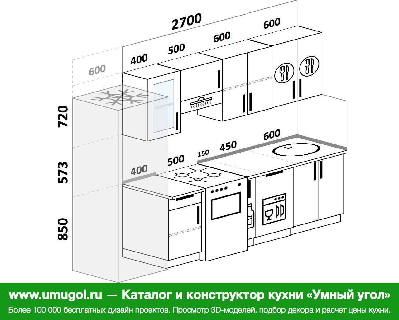 Планировка прямой кухни с холодильником