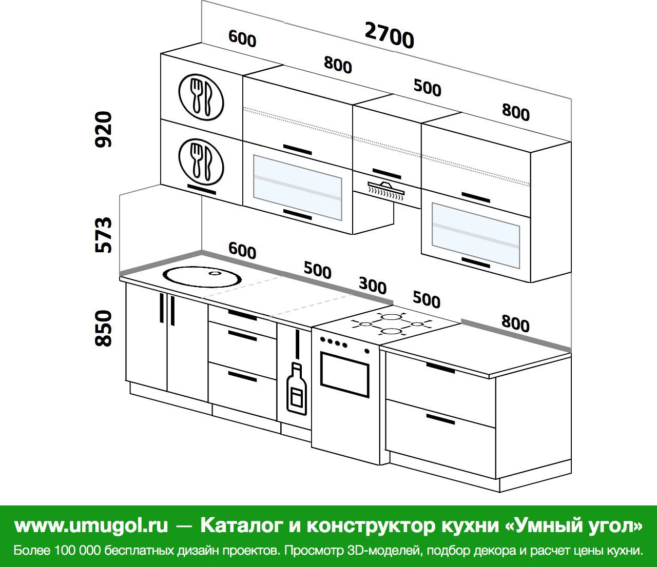 Проект прямой кухни с размерами