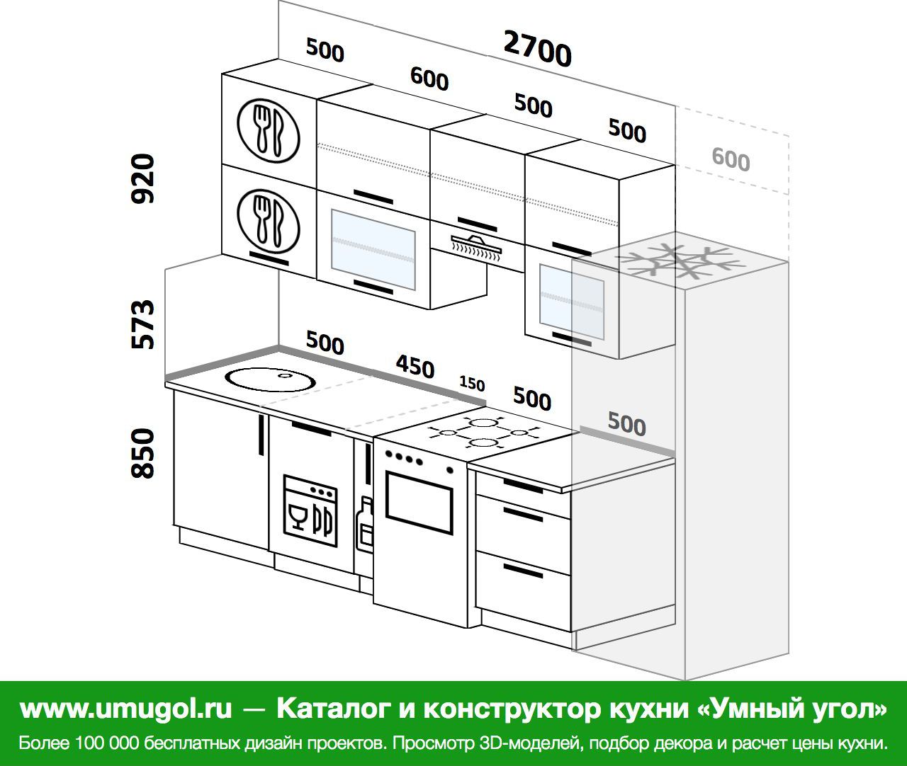 Дизайн прямой кухни 7 кв.м с холодильником