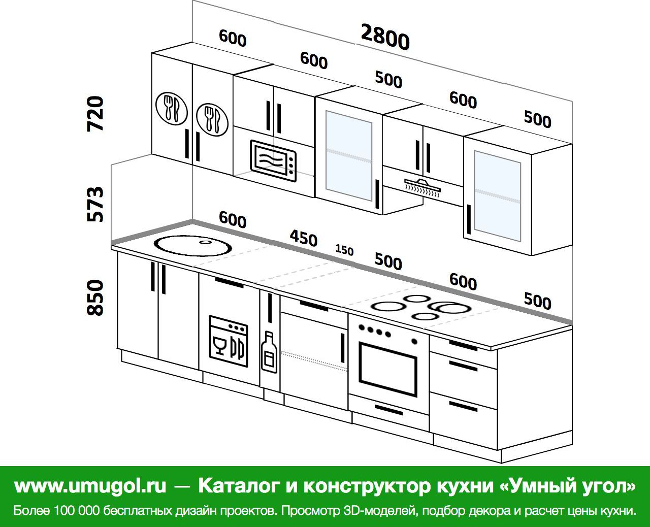 Проект прямой кухни с размерами