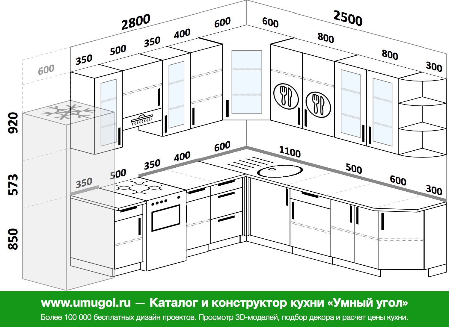 Планировка угловой кухни