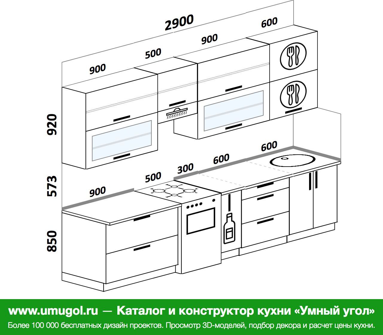 Проекты прямого кухонного гарнитура с размерами