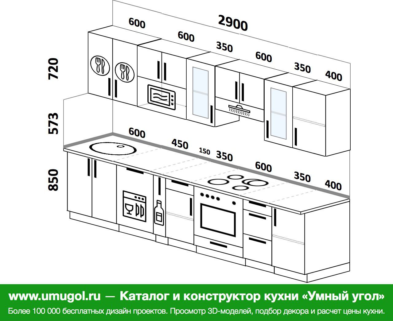 Прямой кухонный гарнитур Размеры