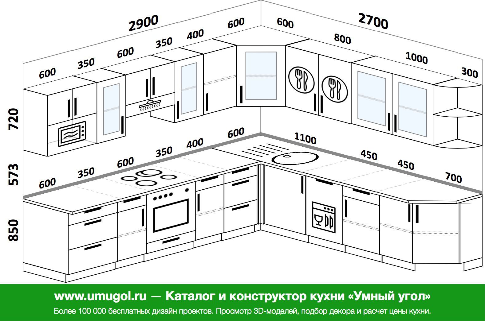 Планировка угловой кухни