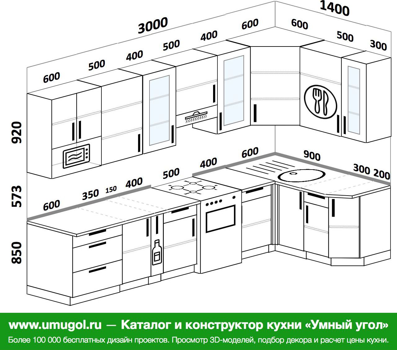 Планировка угловой кухни