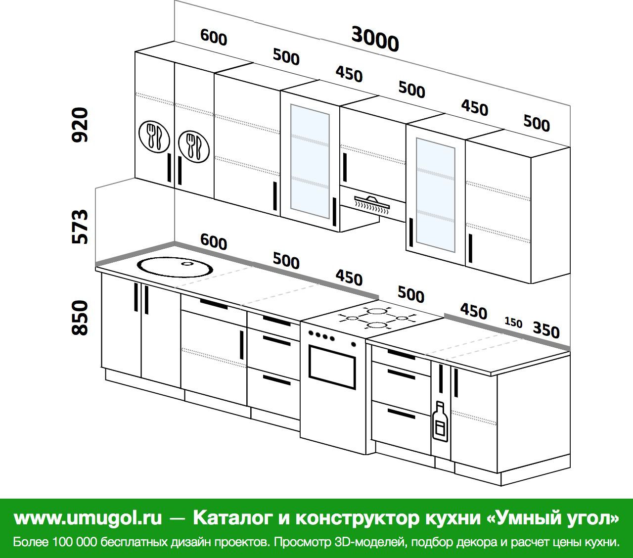 Проект прямой кухни с размерами