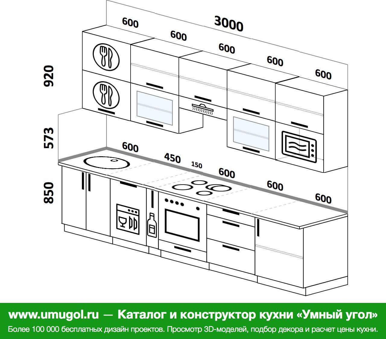 Проект прямой кухни с размерами