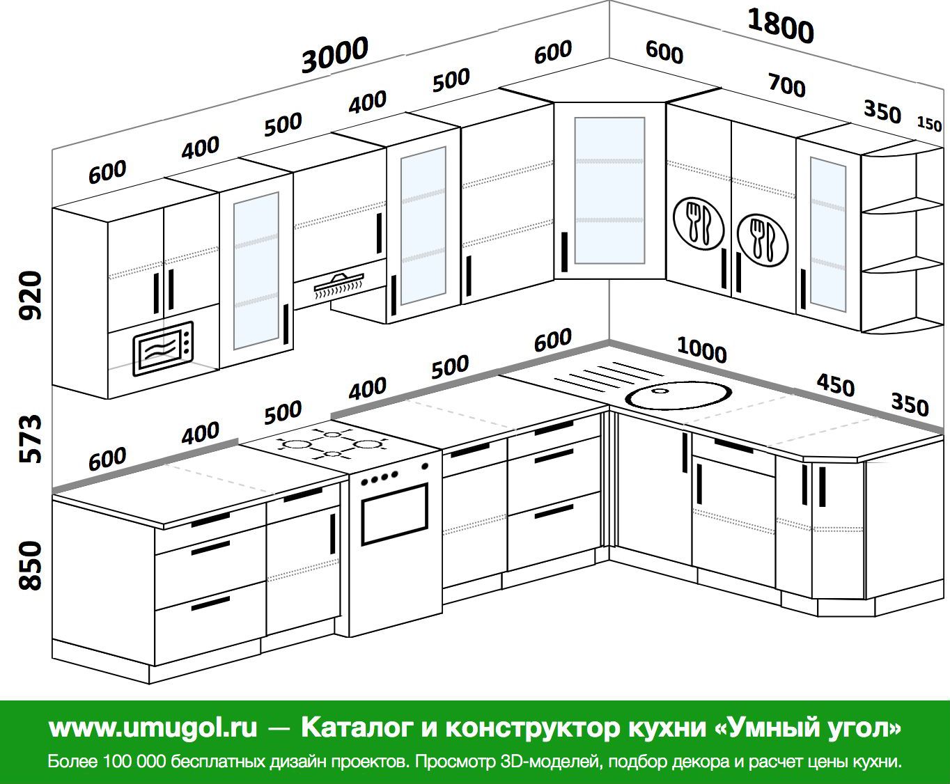 Планировка угловой кухни