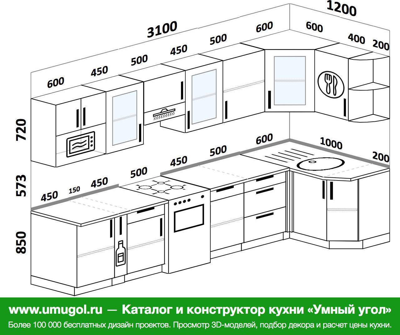 Проекты кухонь угловых с размерами фото готовые