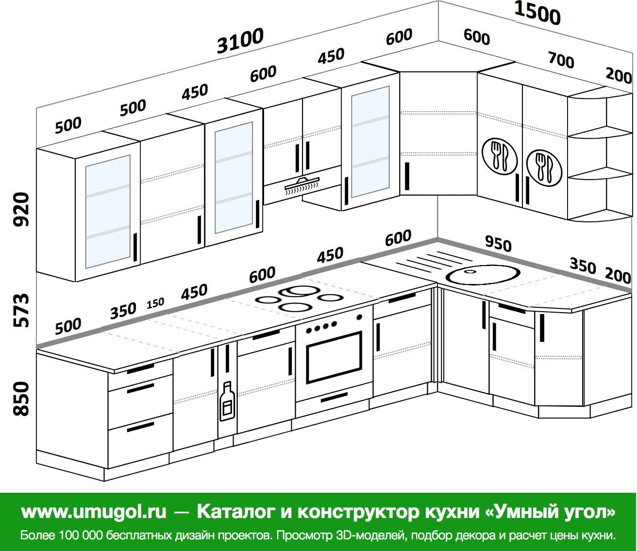 Расчет мебели. Планировка гарнитура 3100 на 2300. Конструктор кухонных гарнитуров. Конструктор угловой кухни. Расчёт кухонного гарнитура с размерами.