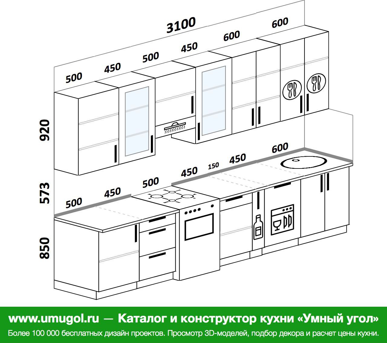 Прямой кухонный гарнитур Размеры