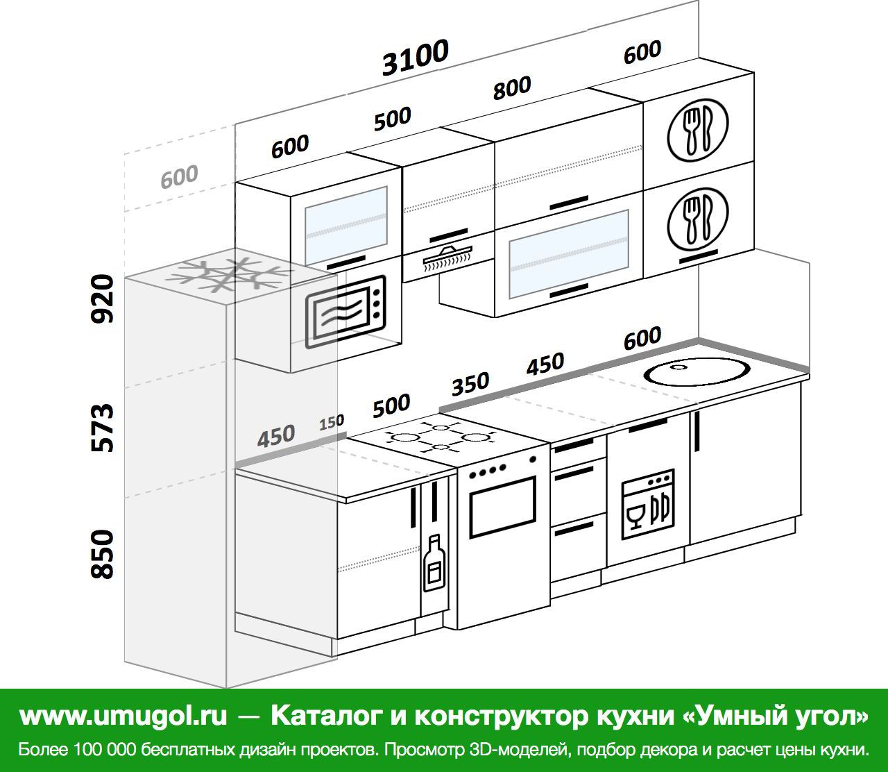 Проект кухни 3 метра прямая с холодильником и посудомоечной машиной