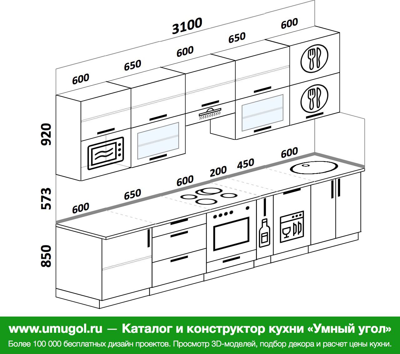 Кухня 3 метра прямая дизайн с холодильником и посудомоечной машиной