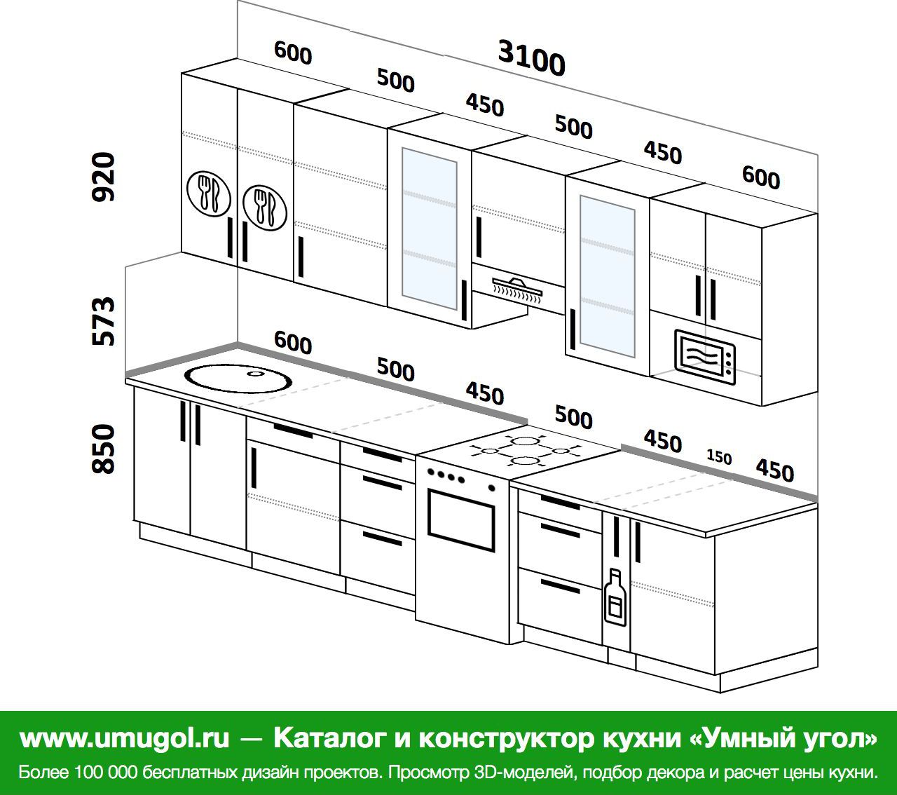 Проект прямой кухни с размерами