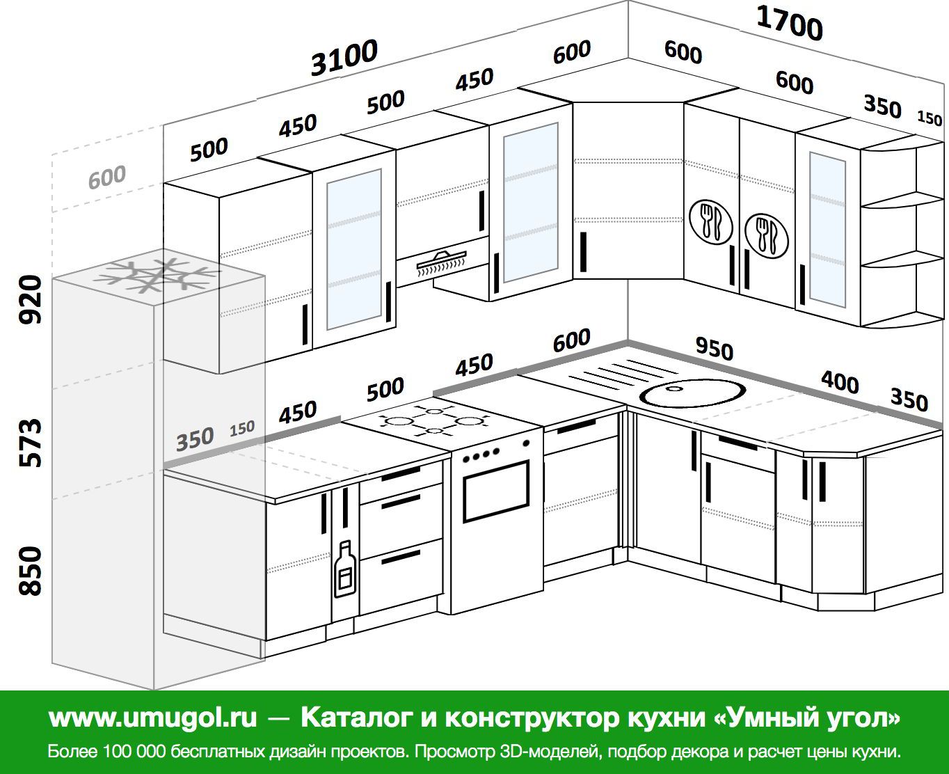 Проекты кухонь угловых с размерами фото готовые