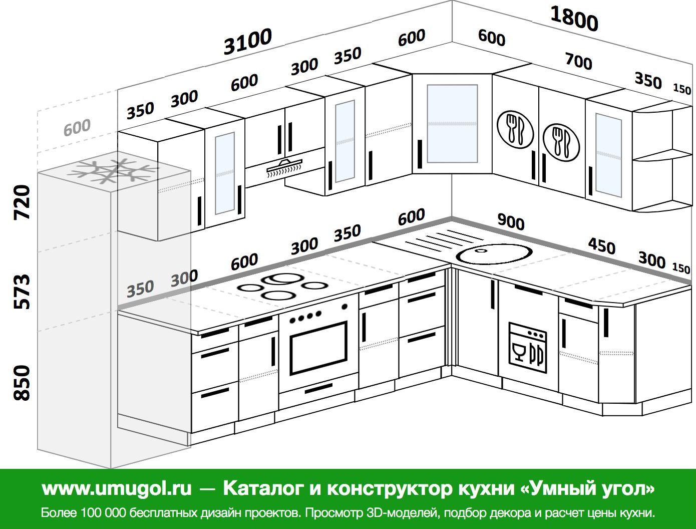 Планировка угловой кухни