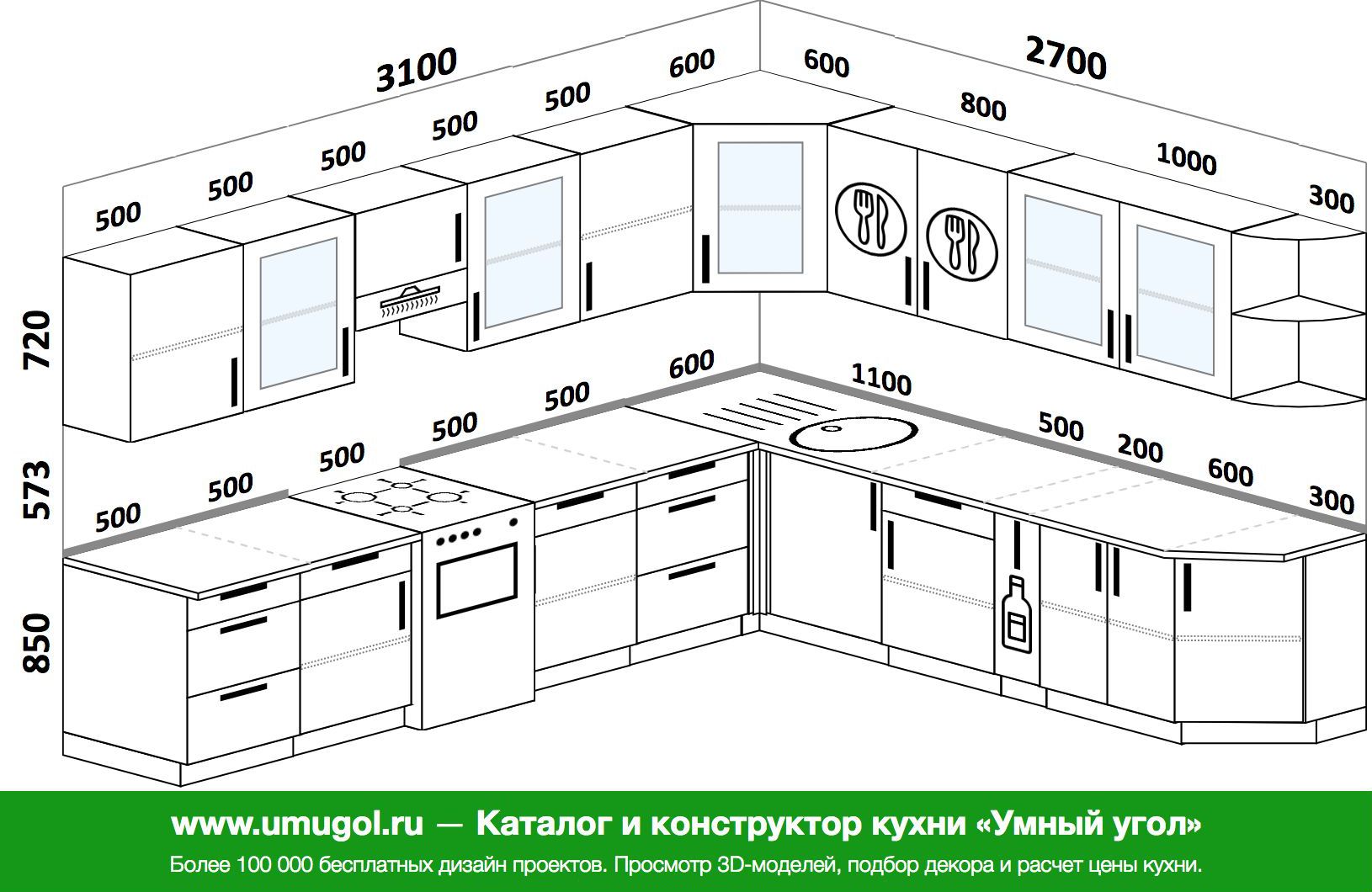 Планировка угловой кухни