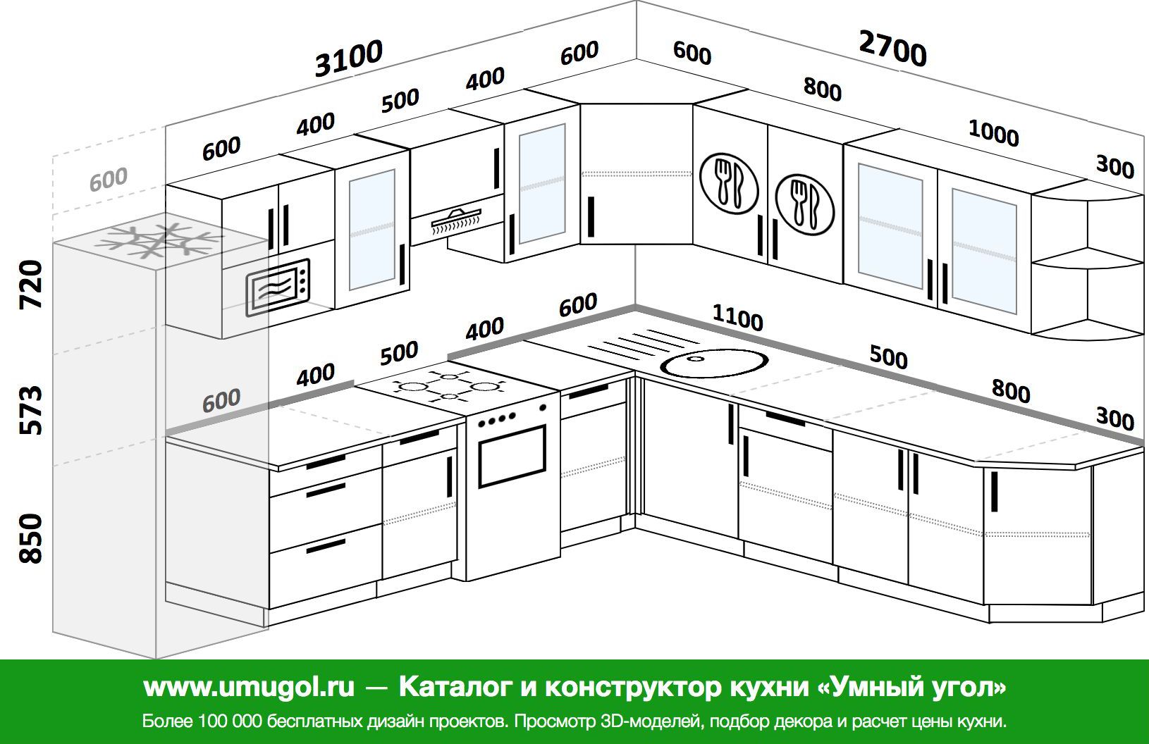 Планировка угловой кухни