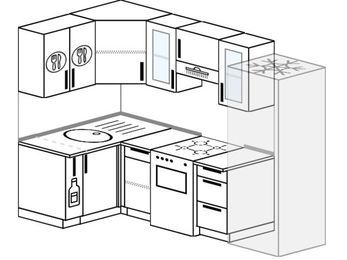 Планировка угловой кухни 5,2 м², 120 на 240 см (зеркальный проект): верхние модули 72 см, корзина-бутылочница, отдельно стоящая плита, холодильник