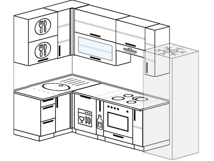 Эскиз кухни угловой с холодильником для маленькой кухни