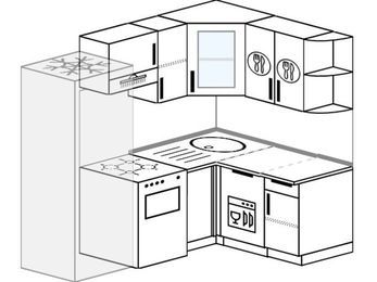 Планировка угловой кухни 5,0 м², 200 на 140 см: верхние модули 72 см, холодильник, отдельно стоящая плита, посудомоечная машина