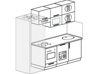 Планировка прямой кухни 5,0 м², 200 см: верхние модули 72 см, холодильник, встроенный духовой шкаф, посудомоечная машина