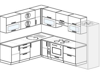 Планировка угловой кухни 8,1 м², 200 на 280 см (зеркальный проект): верхние модули 72 см, корзина-бутылочница, встроенный духовой шкаф, холодильник