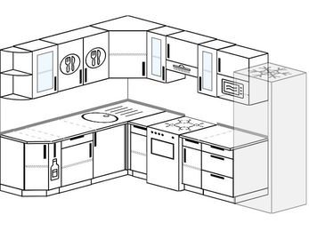 Планировка угловой кухни 8,1 м², 200 на 280 см (зеркальный проект): верхние модули 72 см, корзина-бутылочница, отдельно стоящая плита, холодильник, модуль под свч