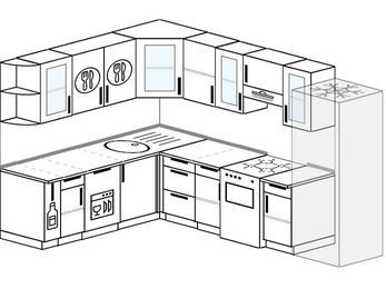 Планировка угловой кухни 8,1 м², 200 на 280 см (зеркальный проект): верхние модули 72 см, корзина-бутылочница, посудомоечная машина, отдельно стоящая плита, холодильник