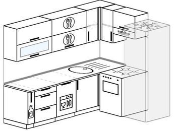Планировка угловой кухни 6,2 м², 220 на 160 см (зеркальный проект): верхние модули 72 см, корзина-бутылочница, посудомоечная машина, отдельно стоящая плита, холодильник