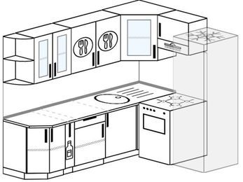 Планировка угловой кухни 6,2 м², 220 на 160 см (зеркальный проект): верхние модули 72 см, корзина-бутылочница, отдельно стоящая плита, холодильник
