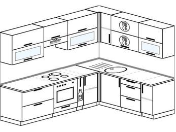 Планировка угловой кухни 7,0 м², 250 на 190 см: верхние модули 72 см, встроенный духовой шкаф, корзина-бутылочница