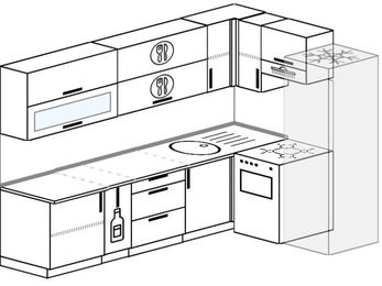Планировка угловой кухни 7,0 м², 260 на 160 см (зеркальный проект): верхние модули 72 см, корзина-бутылочница, отдельно стоящая плита, холодильник