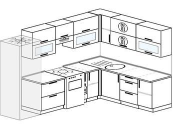 Планировка угловой кухни 8,1 м², 280 на 200 см: верхние модули 72 см, холодильник, отдельно стоящая плита, корзина-бутылочница