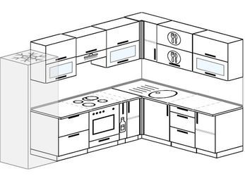 Планировка угловой кухни 8,1 м², 280 на 200 см: верхние модули 72 см, холодильник, встроенный духовой шкаф, корзина-бутылочница