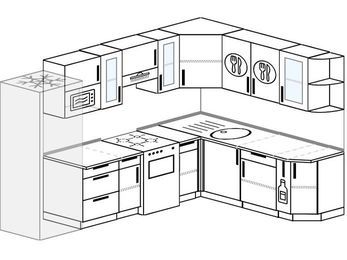 Планировка угловой кухни 8,1 м², 280 на 200 см: верхние модули 72 см, холодильник, отдельно стоящая плита, корзина-бутылочница, модуль под свч