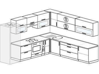 Планировка угловой кухни 10,0 м², 280 на 270 см: верхние модули 72 см, холодильник, встроенный духовой шкаф, корзина-бутылочница