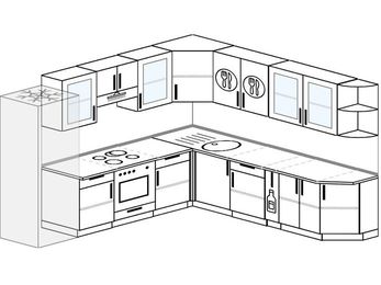 Планировка угловой кухни 10,0 м², 280 на 270 см: верхние модули 72 см, холодильник, встроенный духовой шкаф, корзина-бутылочница
