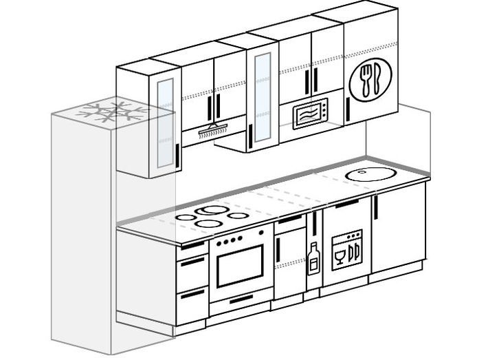 Проект прямой кухни с холодильником