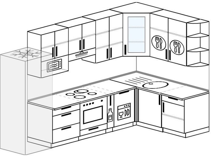 План кухни рисунок. Проект угловой кухни с холодильником. Планировка маленькой угловой кухни с посудомойкой. Проект угловой кухни с посудомоечной машиной. Г образная кухня.
