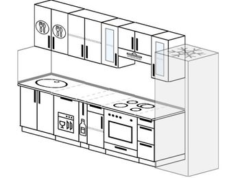 Планировка прямой кухни 6,0 м², 300 см (зеркальный проект): верхние модули 72 см, посудомоечная машина, корзина-бутылочница, встроенный духовой шкаф, холодильник