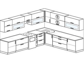Планировка угловой кухни 11,1 м², 310 на 270 см: верхние модули 72 см, отдельно стоящая плита, корзина-бутылочница